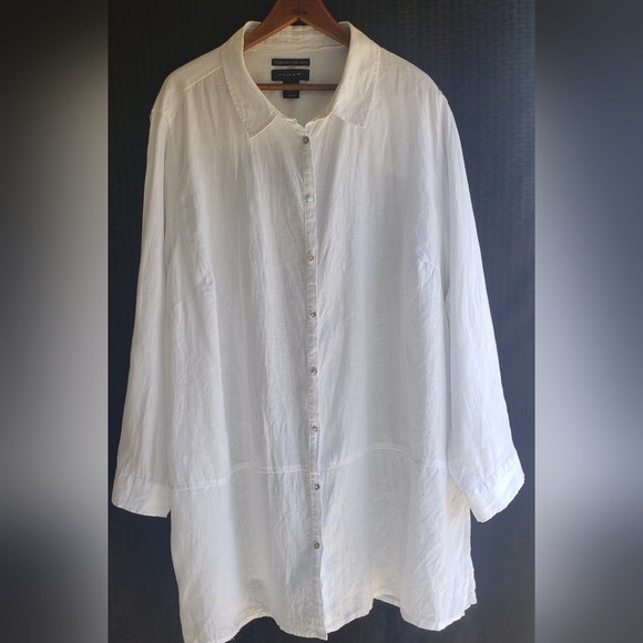 Tahari 100% Linen Tunic Top Shirt Roll Tab Sleeve White Button Down Womens 3X - Picture 1 of 13
